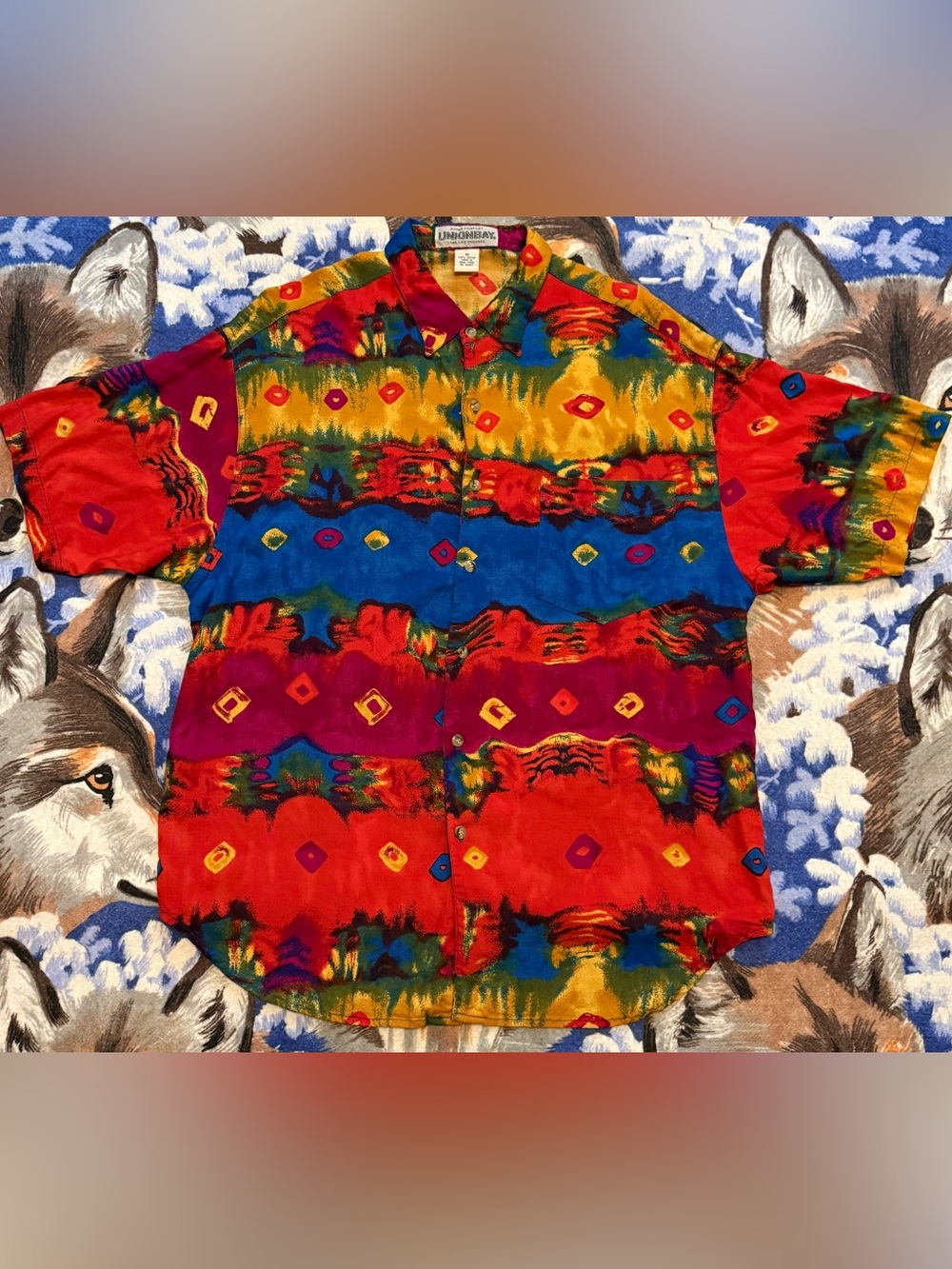 UNIONBAY Bold Abstract Print Button-Up in Yellow, Red, Blue, Green